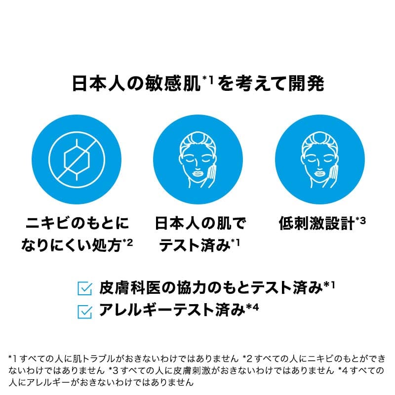 日本人の敏感肌 *1を考えて開発 ニキビのもとになりにくい処方*2 日本人の肌で テスト済み *1 低刺激設計 *3 皮膚科医の協力のもとテスト済み* 1 アレルギーテスト済み *4 *1 すべての人に肌トラブルがおきないわけではありません *2 すべての人にニキビのもとができないわけではありません *3 すべての人に皮膚刺激がおきないわけではありません *4 すべての人にアレルギーがおきないわけではありません